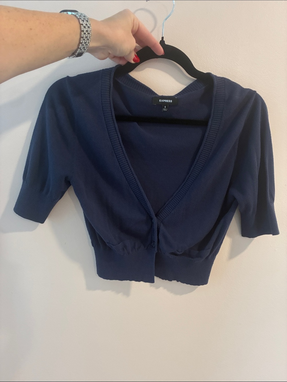 Express Navy Short Sleeve Cropped Cardigan